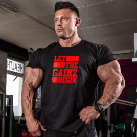 LET THE GAINZ BEGIN T-shirt, red print
