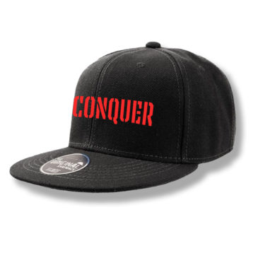 Snapback black cap CONQUER, red