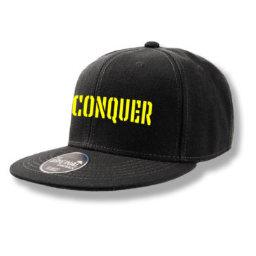 Snapback black cap CONQUER, fluo yellow